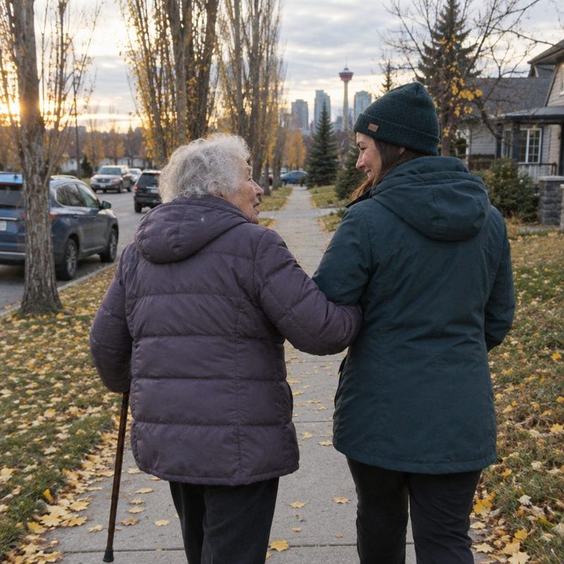 Caregiver walking arm in arm with a senior client on a neighbourhood street in autumn